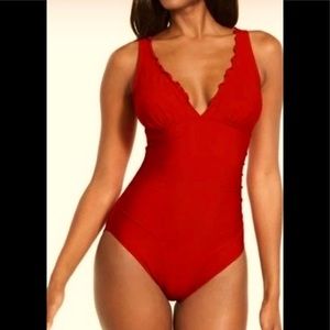 DKNY LYCHEE Fire Red Ruffle One-Piece Swimsuit